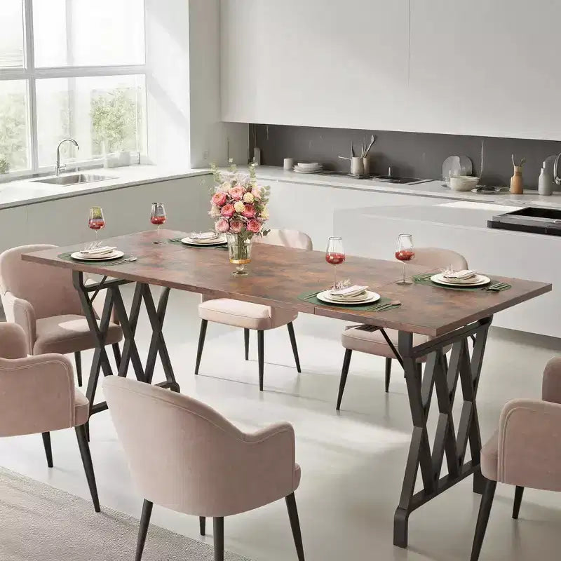 77 Table à Manger en Bois pour 4-6 Personnes, Table de Cuisine Rectangulaire avec Pieds en Métal, Table de Ferme pour Salle à Manger, Salon, Sans Chaises