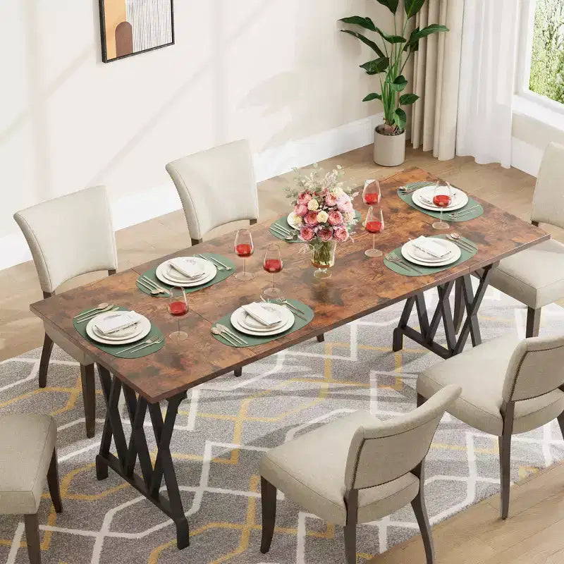77 Table à Manger en Bois pour 4-6 Personnes, Table de Cuisine Rectangulaire avec Pieds en Métal, Table de Ferme pour Salle à Manger, Salon, Sans Chaises