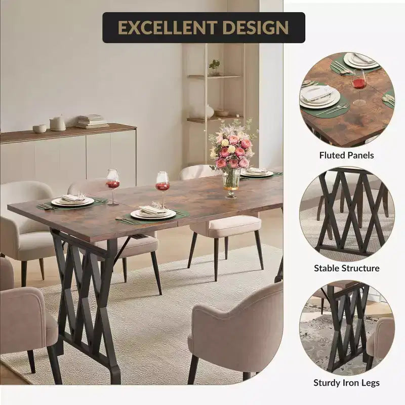 77 Table à Manger en Bois pour 4-6 Personnes, Table de Cuisine Rectangulaire avec Pieds en Métal, Table de Ferme pour Salle à Manger, Salon, Sans Chaises