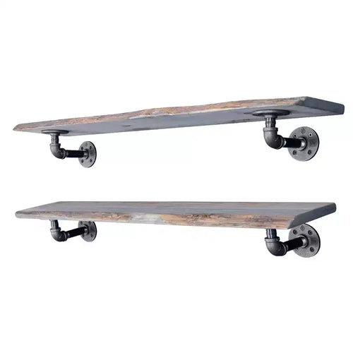 Pipe Decor 36 Riverstone Grey Live Edge Wood Shelf with L-Shaped Pipe Brackets (2-Pack)