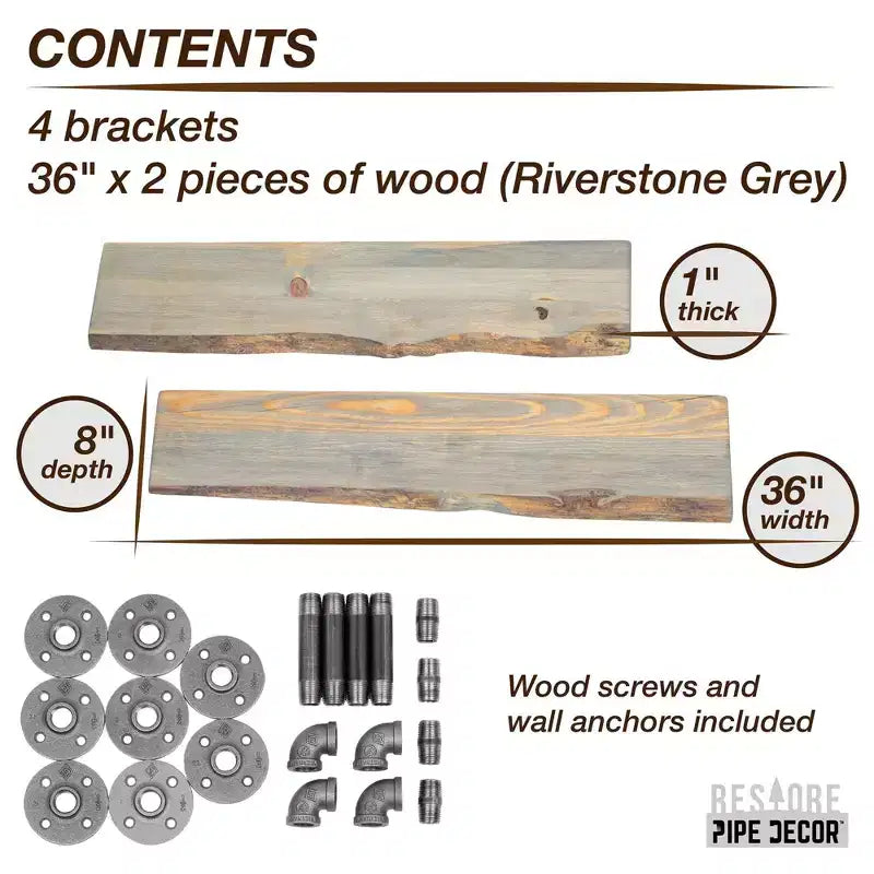 Étagère en bois à bords bruts Riverstone Grey de 36 po avec supports de tuyauterie en L (paquet de 2)