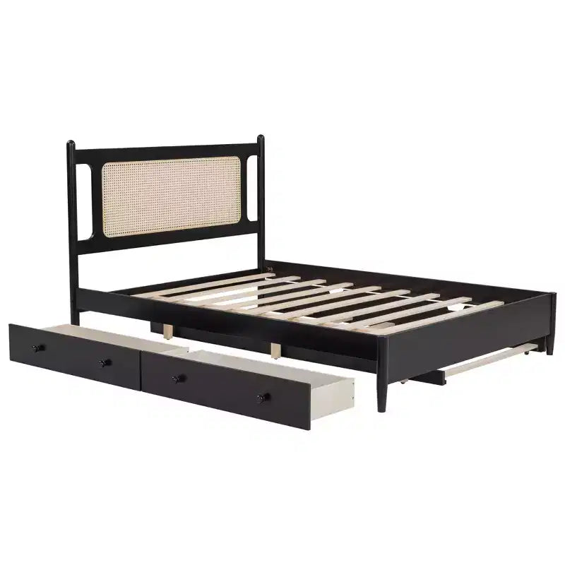 Lit plateforme Queen Size en rotin avec lit gigogne, cadre de lit Queen en bois avec 2 grands tiroirs de rangement