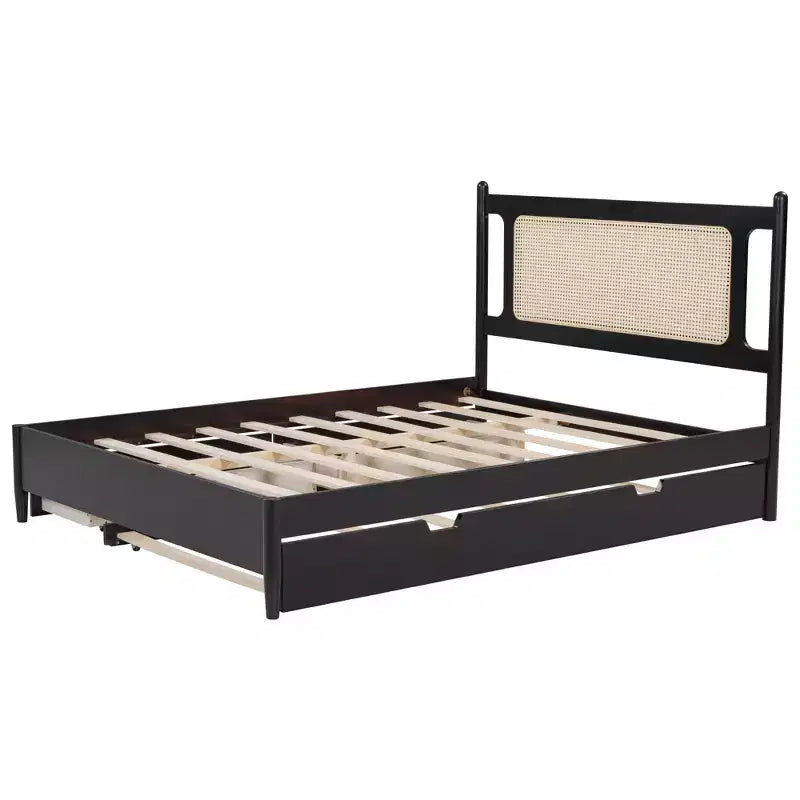 Lit plateforme Queen Size en rotin avec lit gigogne, cadre de lit Queen en bois avec 2 grands tiroirs de rangement