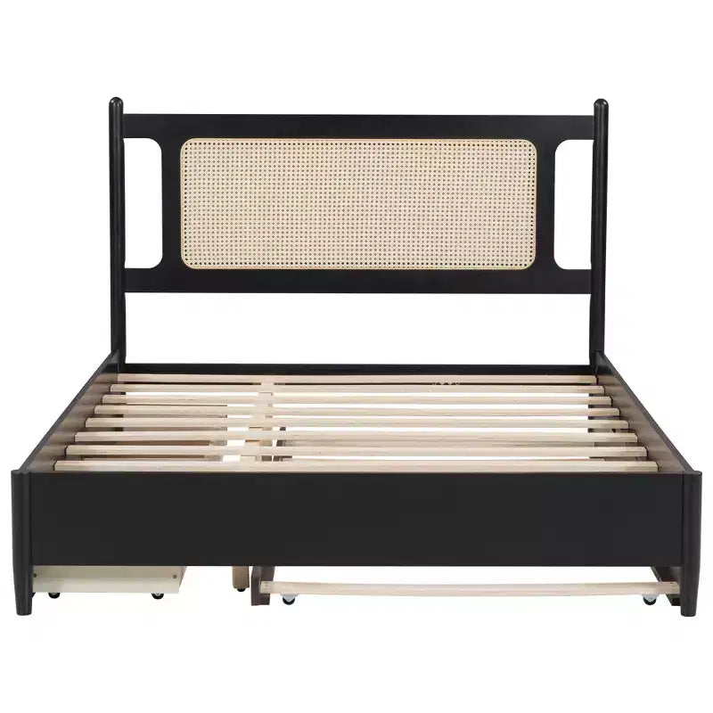 Lit plateforme Queen Size en rotin avec lit gigogne, cadre de lit Queen en bois avec 2 grands tiroirs de rangement