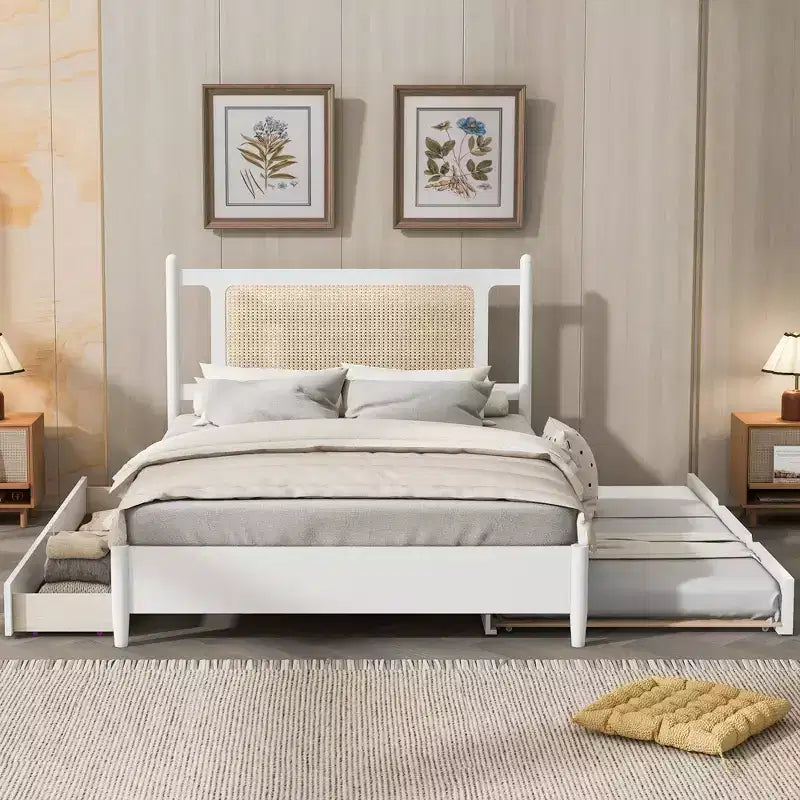 Lit plateforme Queen Size en rotin avec lit gigogne, cadre de lit Queen en bois avec 2 grands tiroirs de rangement