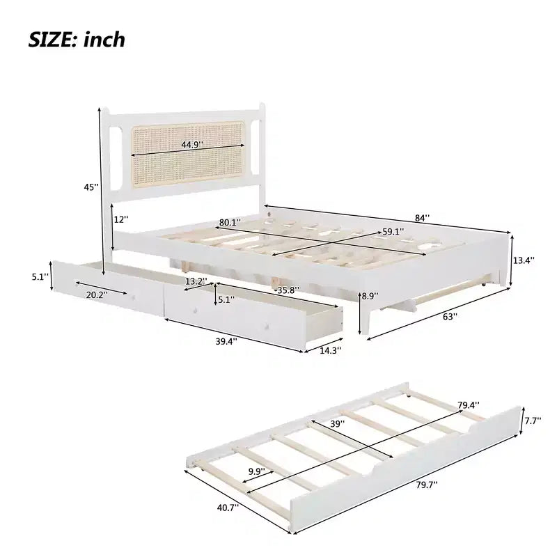 Lit plateforme Queen Size en rotin avec lit gigogne, cadre de lit Queen en bois avec 2 grands tiroirs de rangement