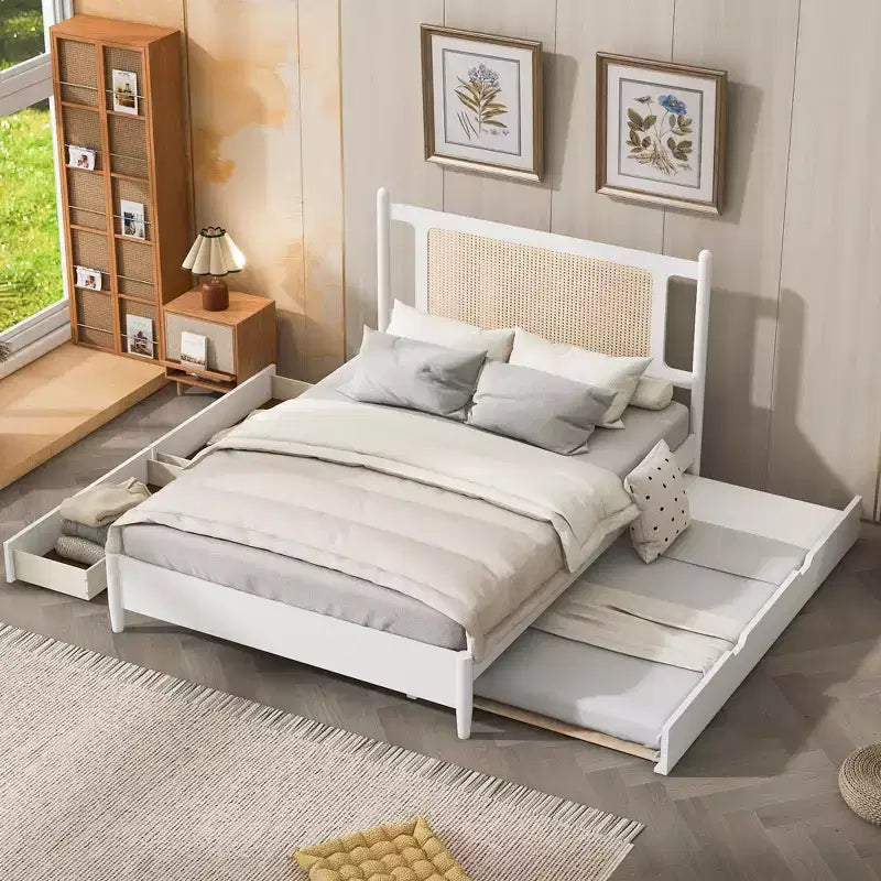 Lit plateforme Queen Size en rotin avec lit gigogne, cadre de lit Queen en bois avec 2 grands tiroirs de rangement
