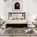 Lit plateforme Queen Size en rotin avec lit gigogne, cadre de lit Queen en bois avec 2 grands tiroirs de rangement
