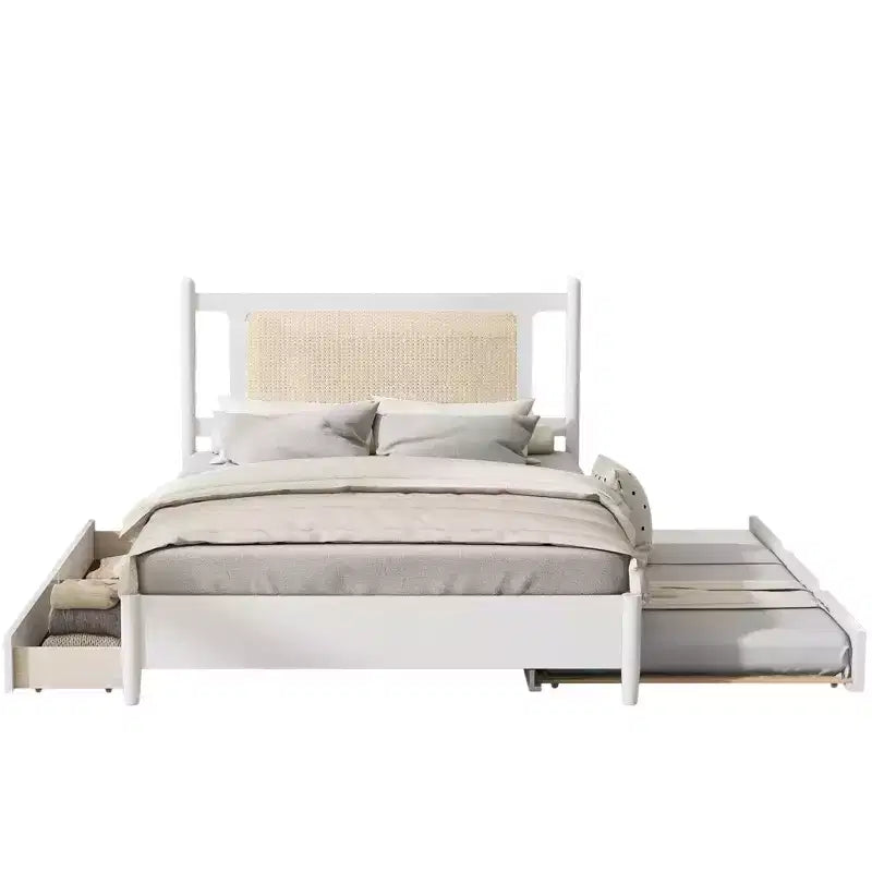 Lit plateforme Queen Size en rotin avec lit gigogne, cadre de lit Queen en bois avec 2 grands tiroirs de rangement
