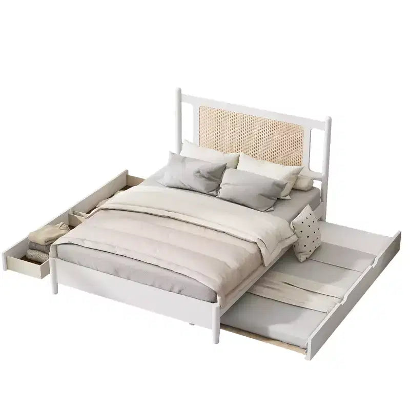 Lit plateforme Queen Size en rotin avec lit gigogne, cadre de lit Queen en bois avec 2 grands tiroirs de rangement