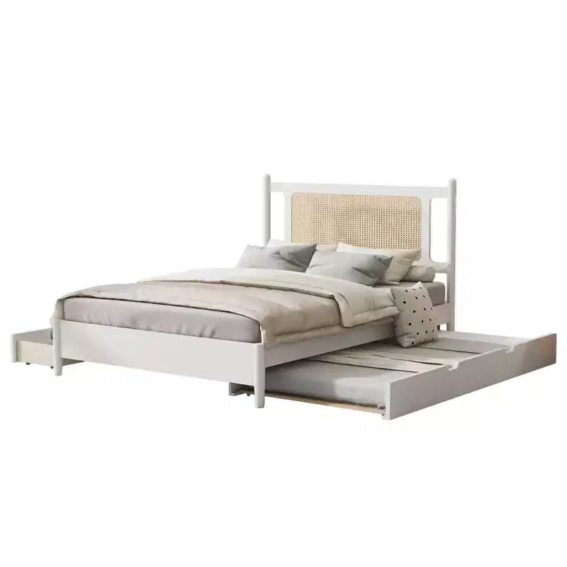 Lit plateforme Queen Size en rotin avec lit gigogne, cadre de lit Queen en bois avec 2 grands tiroirs de rangement