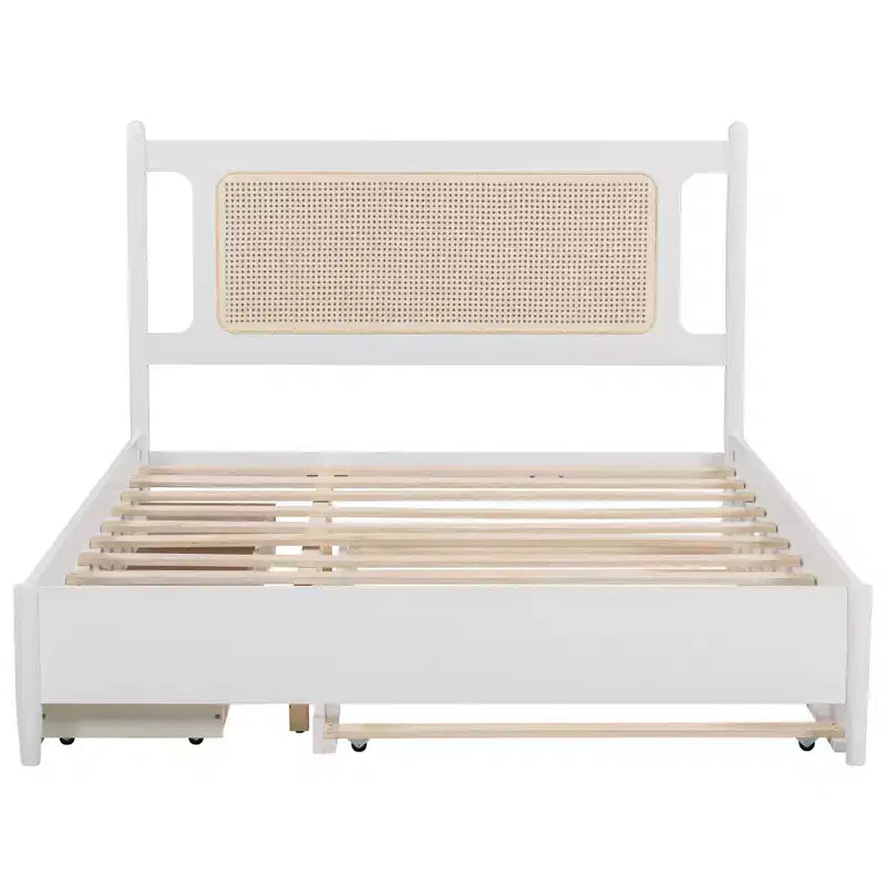 Lit plateforme Queen Size en rotin avec lit gigogne, cadre de lit Queen en bois avec 2 grands tiroirs de rangement
