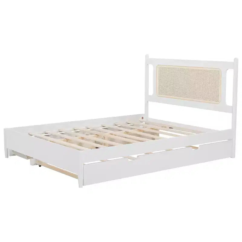 Lit plateforme Queen Size en rotin avec lit gigogne, cadre de lit Queen en bois avec 2 grands tiroirs de rangement