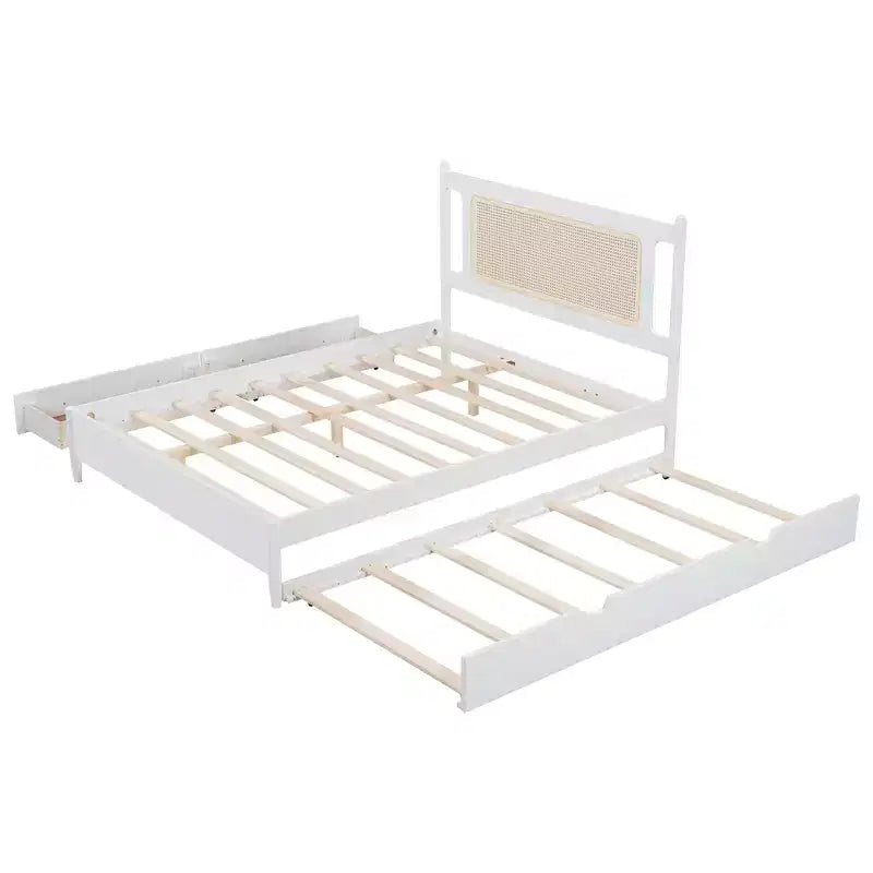 Lit plateforme Queen Size en rotin avec lit gigogne, cadre de lit Queen en bois avec 2 grands tiroirs de rangement
