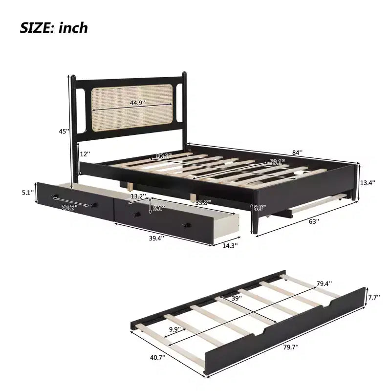 Lit plateforme Queen Size en rotin avec lit gigogne, cadre de lit Queen en bois avec 2 grands tiroirs de rangement