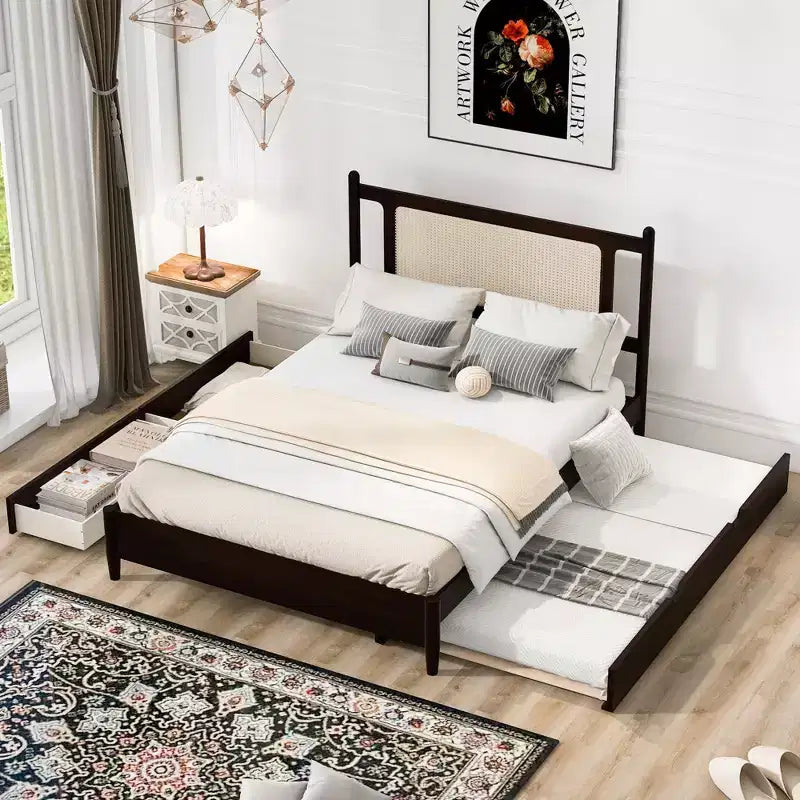Lit plateforme Queen Size en rotin avec lit gigogne, cadre de lit Queen en bois avec 2 grands tiroirs de rangement