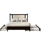Lit plateforme Queen Size en rotin avec lit gigogne, cadre de lit Queen en bois avec 2 grands tiroirs de rangement
