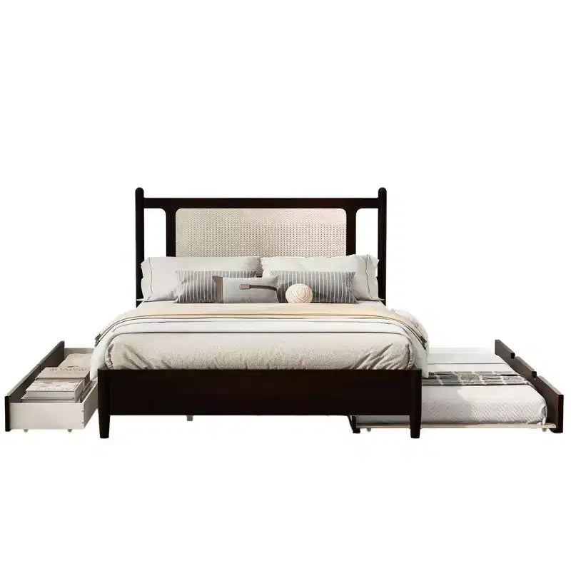 Lit plateforme Queen Size en rotin avec lit gigogne, cadre de lit Queen en bois avec 2 grands tiroirs de rangement