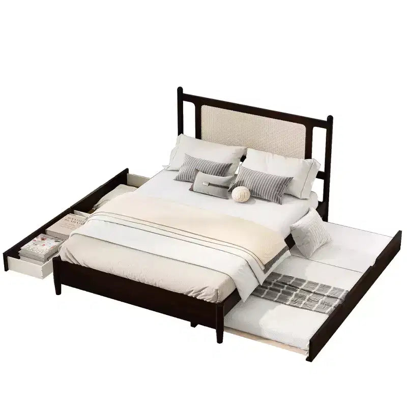 Lit plateforme Queen Size en rotin avec lit gigogne, cadre de lit Queen en bois avec 2 grands tiroirs de rangement