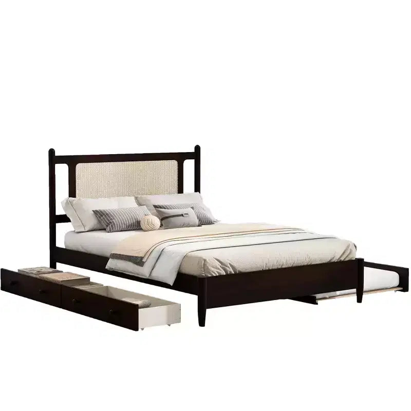 Lit plateforme Queen Size en rotin avec lit gigogne, cadre de lit Queen en bois avec 2 grands tiroirs de rangement