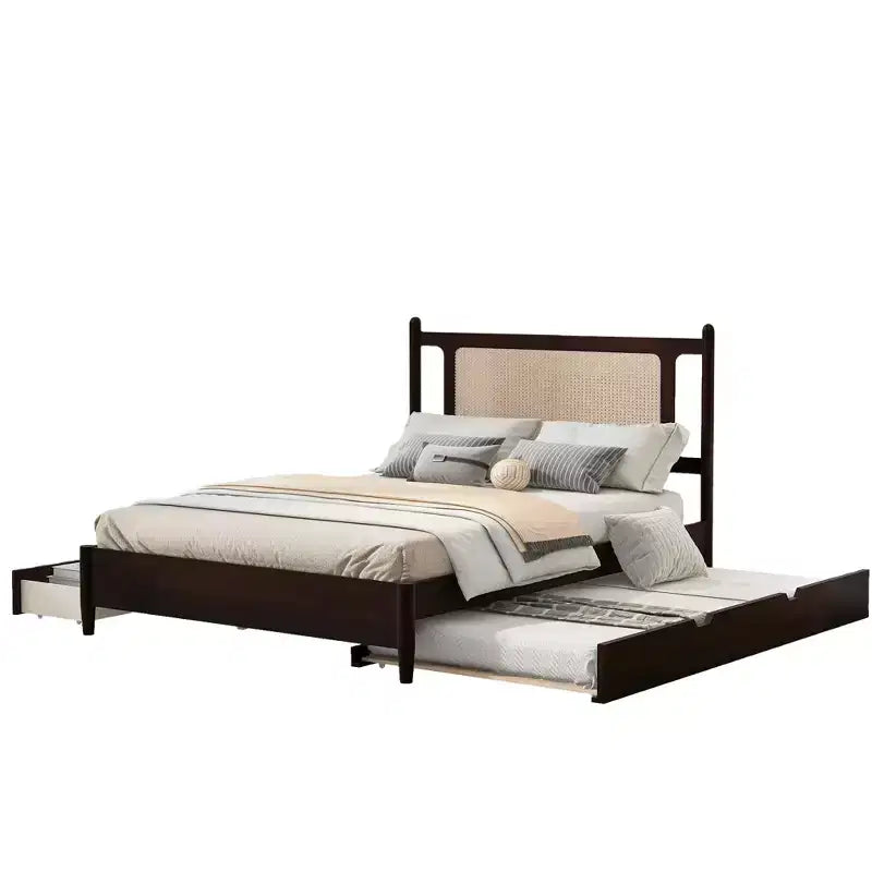 Lit plateforme Queen Size en rotin avec lit gigogne, cadre de lit Queen en bois avec 2 grands tiroirs de rangement