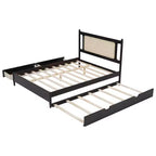 Lit plateforme Queen Size en rotin avec lit gigogne, cadre de lit Queen en bois avec 2 grands tiroirs de rangement
