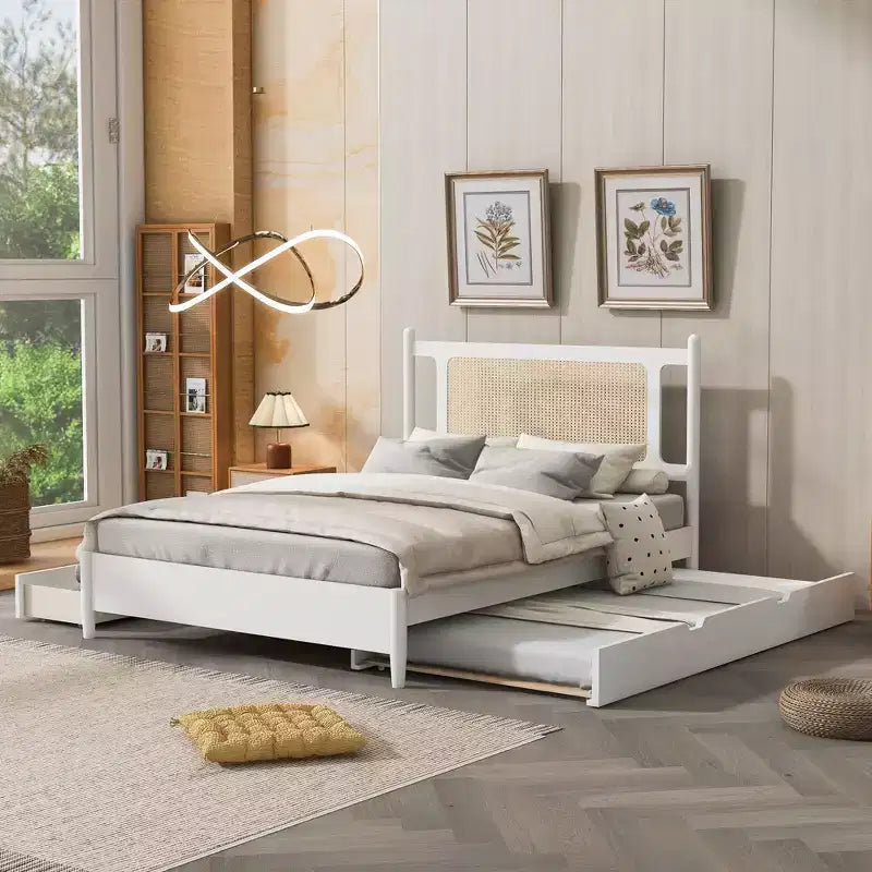 Lit plateforme Queen Size en rotin avec lit gigogne, cadre de lit Queen en bois avec 2 grands tiroirs de rangement
