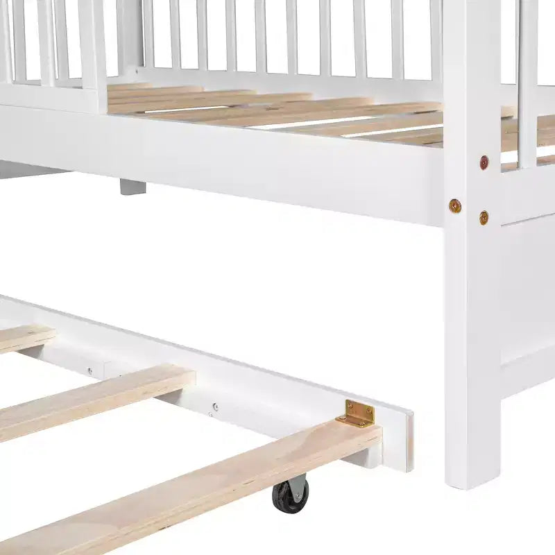 Lit cabane avec lit gigogne et étagères de rangement, lit plateforme pour enfants avec barrières de clôture en bois pour filles et garçons, blanc