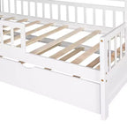 Lit cabane avec lit gigogne et étagères de rangement, lit plateforme pour enfants avec barrières de clôture en bois pour filles et garçons, blanc