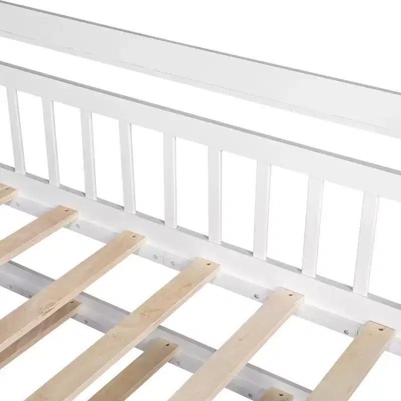 Lit cabane avec lit gigogne et étagères de rangement, lit plateforme pour enfants avec barrières de clôture en bois pour filles et garçons, blanc