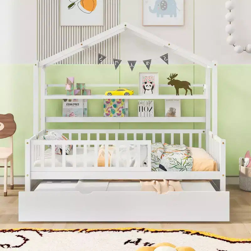 Lit cabane avec lit gigogne et étagères de rangement, lit plateforme pour enfants avec barrières de clôture en bois pour filles et garçons, blanc