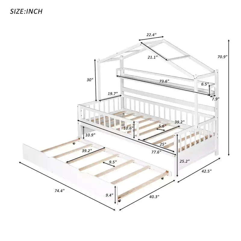 Lit cabane avec lit gigogne et étagères de rangement, lit plateforme pour enfants avec barrières de clôture en bois pour filles et garçons, blanc