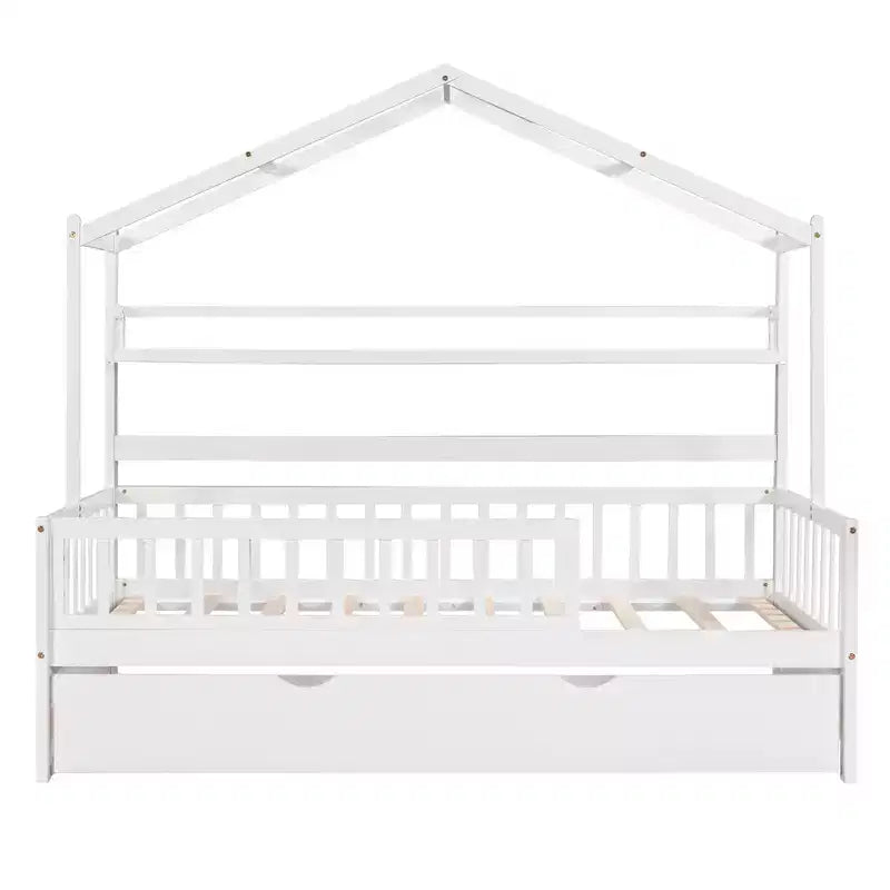 Lit cabane avec lit gigogne et étagères de rangement, lit plateforme pour enfants avec barrières de clôture en bois pour filles et garçons, blanc