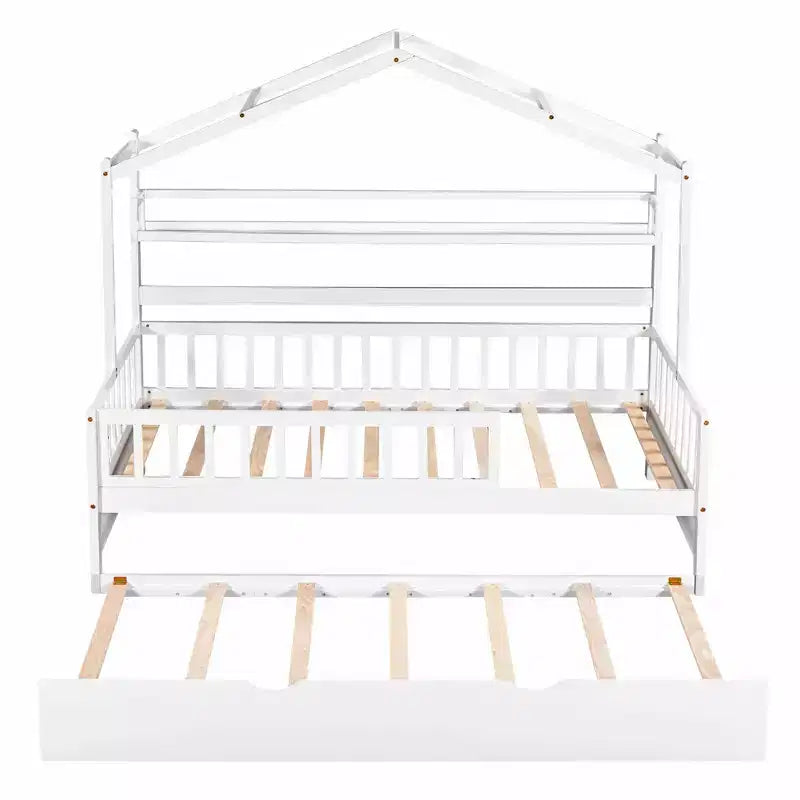 Lit cabane avec lit gigogne et étagères de rangement, lit plateforme pour enfants avec barrières de clôture en bois pour filles et garçons, blanc
