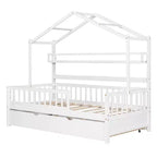 Lit cabane avec lit gigogne et étagères de rangement, lit plateforme pour enfants avec barrières de clôture en bois pour filles et garçons, blanc