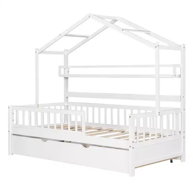 Lit cabane avec lit gigogne et étagères de rangement, lit plateforme pour enfants avec barrières de clôture en bois pour filles et garçons, blanc