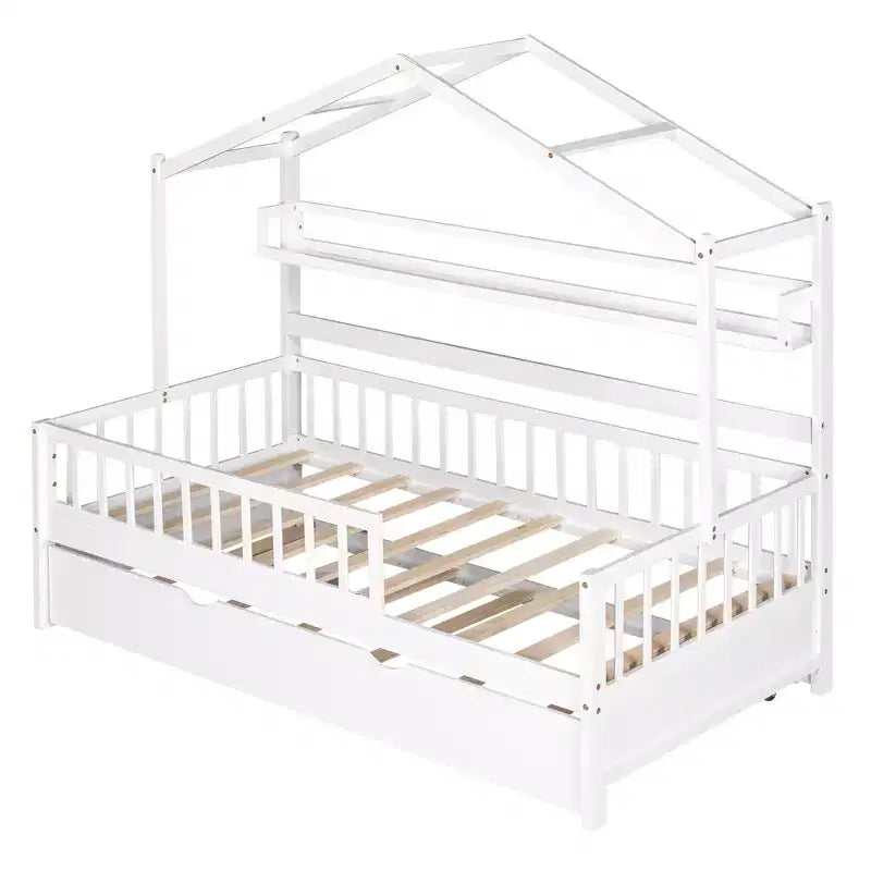 Lit cabane avec lit gigogne et étagères de rangement, lit plateforme pour enfants avec barrières de clôture en bois pour filles et garçons, blanc
