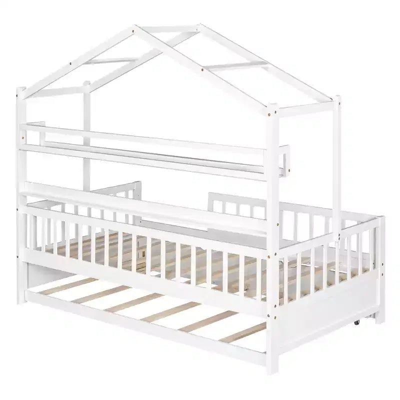 Lit cabane avec lit gigogne et étagères de rangement, lit plateforme pour enfants avec barrières de clôture en bois pour filles et garçons, blanc