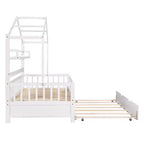 Lit cabane avec lit gigogne et étagères de rangement, lit plateforme pour enfants avec barrières de clôture en bois pour filles et garçons, blanc