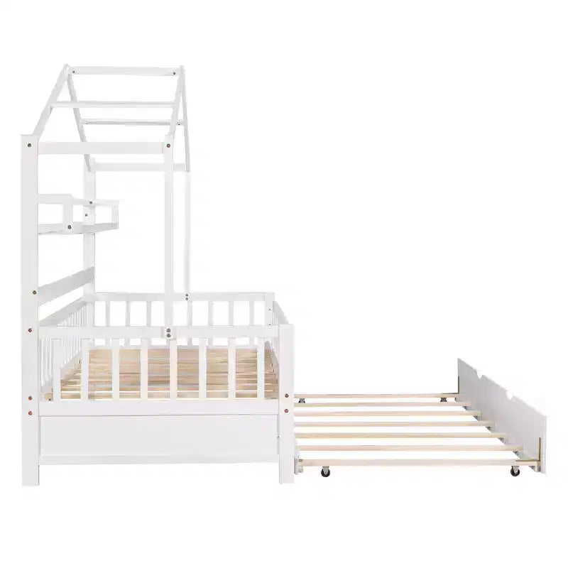 Lit cabane avec lit gigogne et étagères de rangement, lit plateforme pour enfants avec barrières de clôture en bois pour filles et garçons, blanc