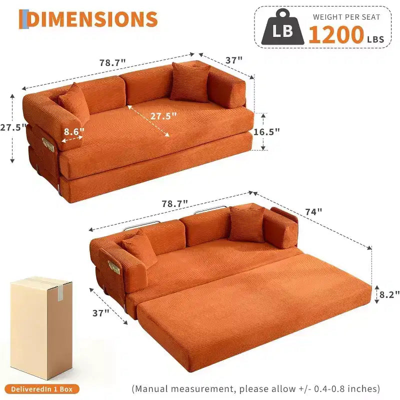 Canapé-lit convertible en velours côtelé, canapé de sol pliable avec oreillers, aucun assemblage requis pour salon, chambre à coucher, dortoir