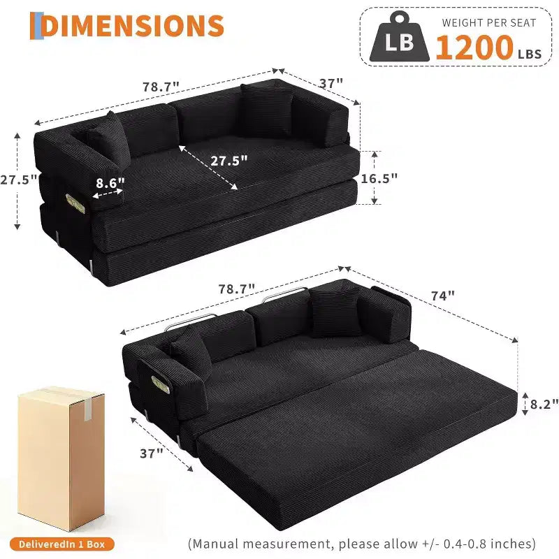 Canapé-lit convertible en velours côtelé, canapé de sol pliable avec oreillers, aucun assemblage requis pour salon, chambre à coucher, dortoir