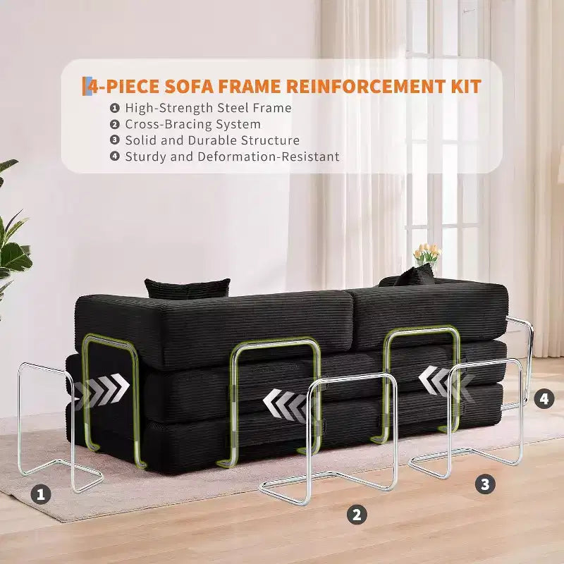 Canapé-lit convertible en velours côtelé, canapé de sol pliable avec oreillers, aucun assemblage requis pour salon, chambre à coucher, dortoir