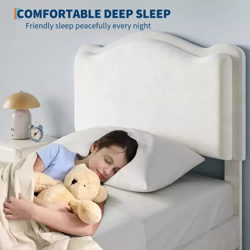 Cadre de lit simple rembourré pour enfant avec tiroirs de rangement et tête de lit festonnée, lattes en bois robustes pour le soutien, mobilier de chambre d'enfant