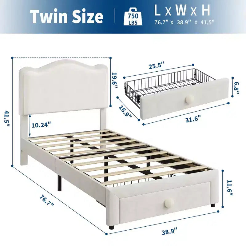 Cadre de lit simple rembourré pour enfant avec tiroirs de rangement et tête de lit festonnée, lattes en bois robustes pour le soutien, mobilier de chambre d'enfant