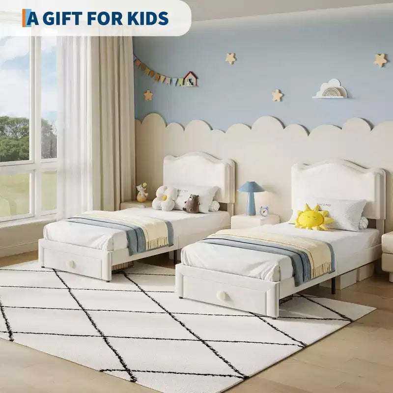 Cadre de lit simple rembourré pour enfant avec tiroirs de rangement et tête de lit festonnée, lattes en bois robustes pour le soutien, mobilier de chambre d'enfant