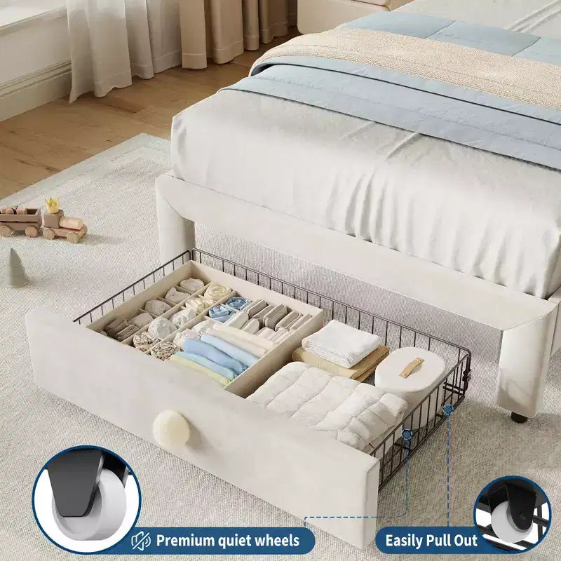 Cadre de lit simple rembourré pour enfant avec tiroirs de rangement et tête de lit festonnée, lattes en bois robustes pour le soutien, mobilier de chambre d'enfant