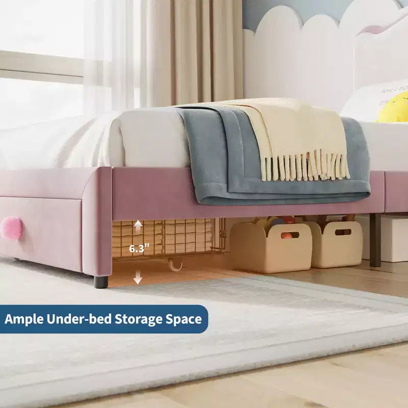 Cadre de lit simple rembourré pour enfant avec tiroirs de rangement et tête de lit festonnée, lattes en bois robustes pour le soutien, mobilier de chambre d'enfant