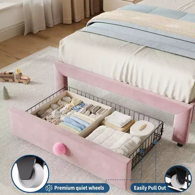 Cadre de lit simple rembourré pour enfant avec tiroirs de rangement et tête de lit festonnée, lattes en bois robustes pour le soutien, mobilier de chambre d'enfant