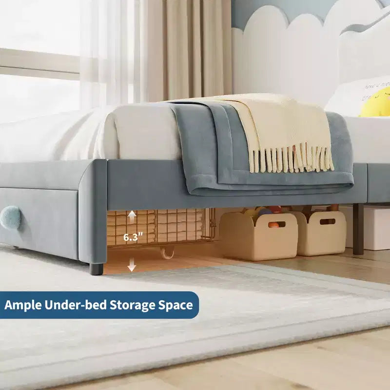 Cadre de lit simple rembourré pour enfant avec tiroirs de rangement et tête de lit festonnée, lattes en bois robustes pour le soutien, mobilier de chambre d'enfant